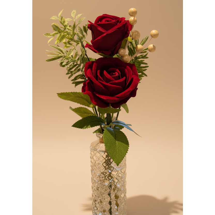 Crimson Romance Duo with neutral background - full vase