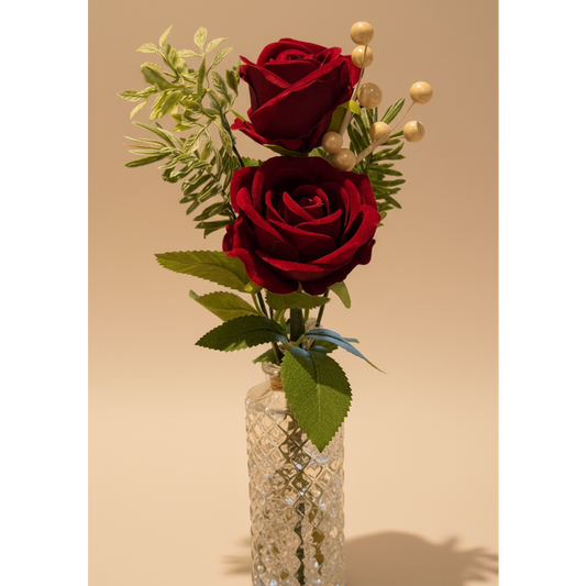 Crimson Romance Duo with neutral background - full vase