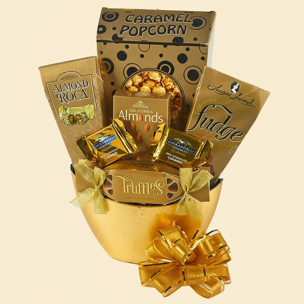 Gold caramel gift basket with warm background