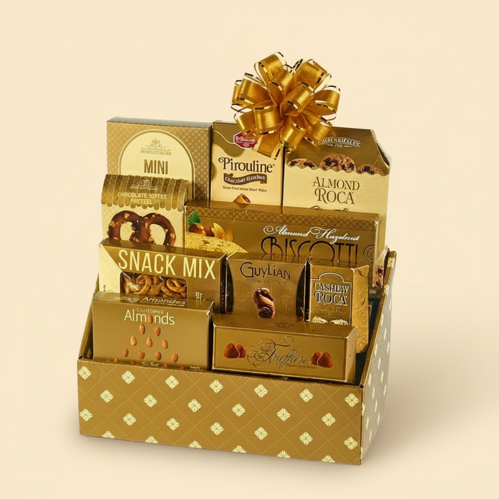 Gold gift basket with warm cream background