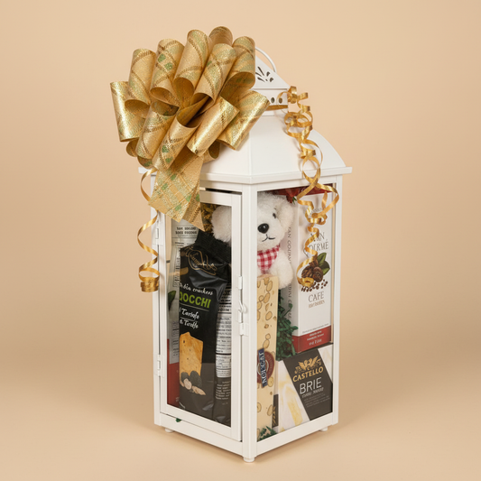 Lantern with Original Teddy Bear, Golden Bow, Beige Background