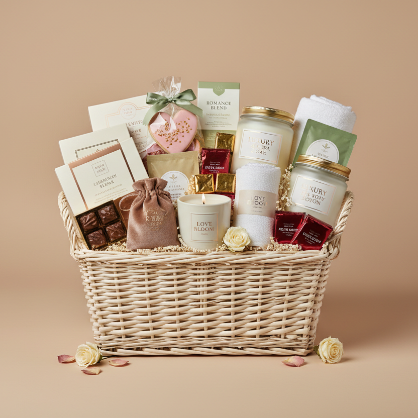 Valentine's Day Custom Gift Basket - Medium Size, Minimal Flowers