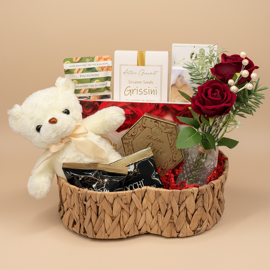 Valentine's gift basket with neutral background